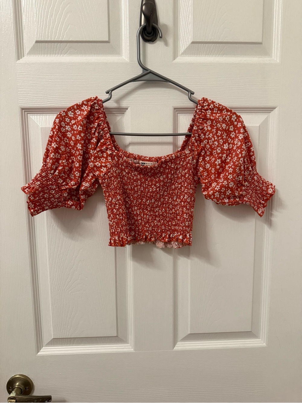 Billabong Orangey Red Floral Smocked Off-Shoulder Crop Top